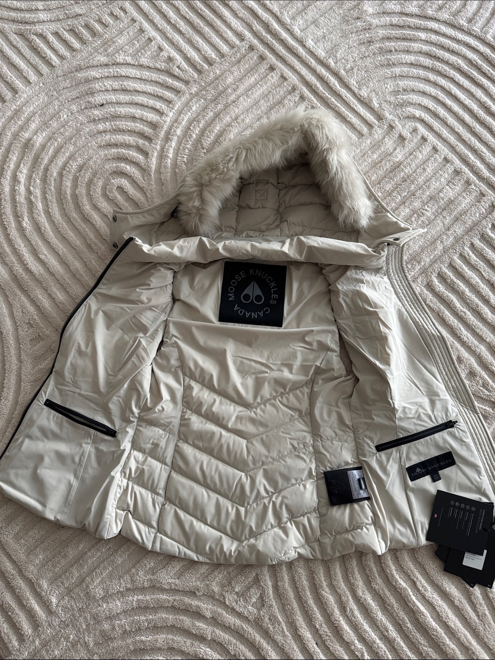 Moose Knuckles Women's Light Cream Quilted Puffer Vest with Faux Fur Hood - Picture 4 of 13